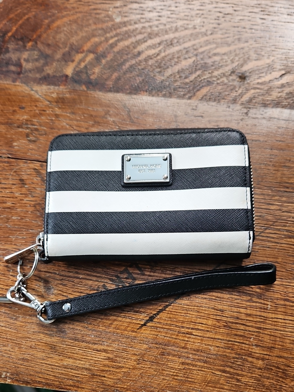 Michael Kors Black and White Striped Wristlet